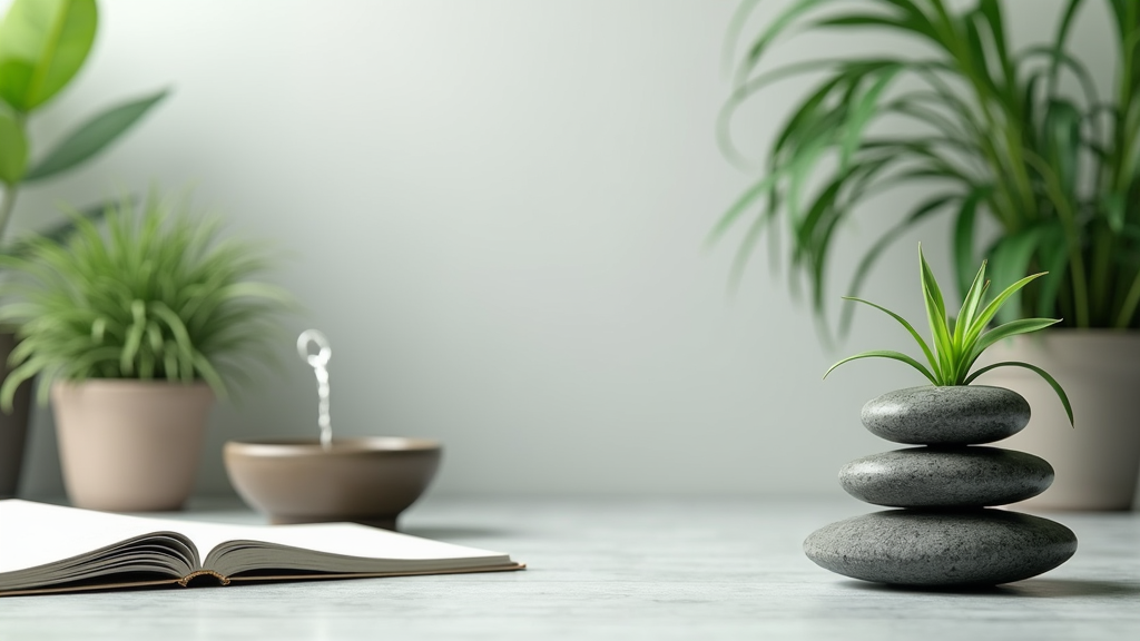 A calm, minimalist workspace surrounded by tranquil natural elements like stones, a small fountain, and plants, symbolizing mindfulness at work.